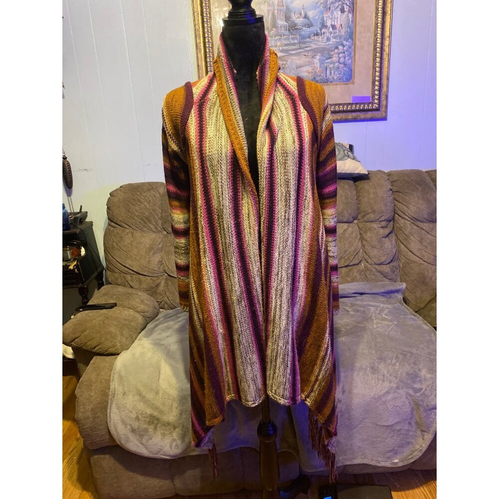 Women’s L Cardigan Bohemian Fringe  Multicolor Striped Knit Hippie South…
